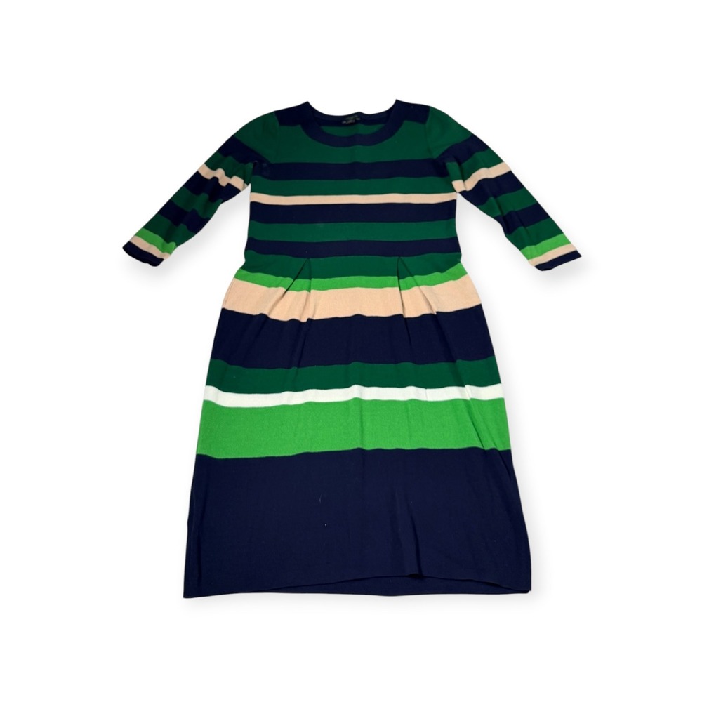Ann Taylor Petite Striped Knit Midi Dress Green Navy Blue XSP 3/4 Sleeve Pleated